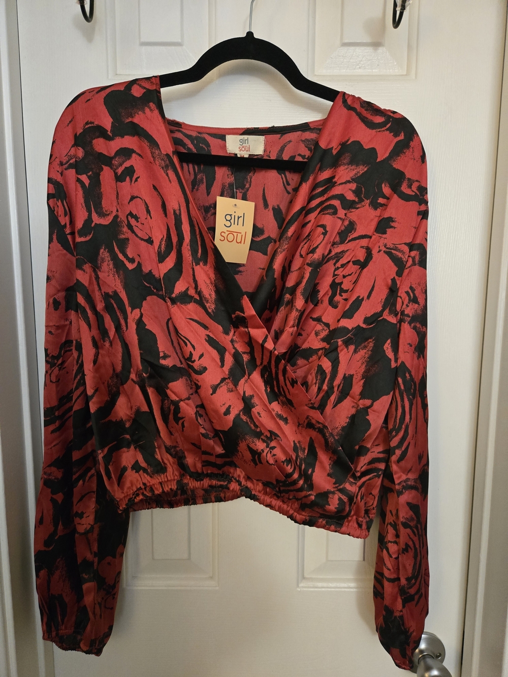 Girl Soul Red Black Floral Faux Wrap Crop Top  Balloon Long Sleeve Med
